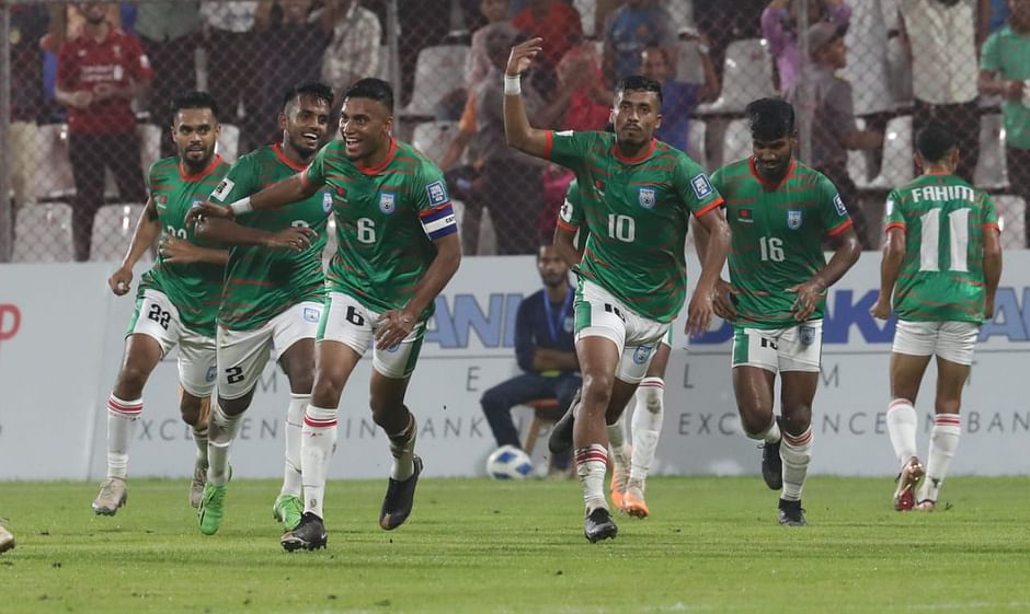 Bangladeshi players react after a goal in the match against Maldives during FIFA qualifier match  at kings Arena