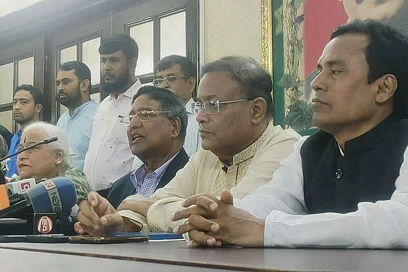 Awami League presidium member Abdur Razzaque speaks at a press briefing on the party delegation's recent India visit at the Awami League office in the capital's Dhanmondi on 10 August, 2023